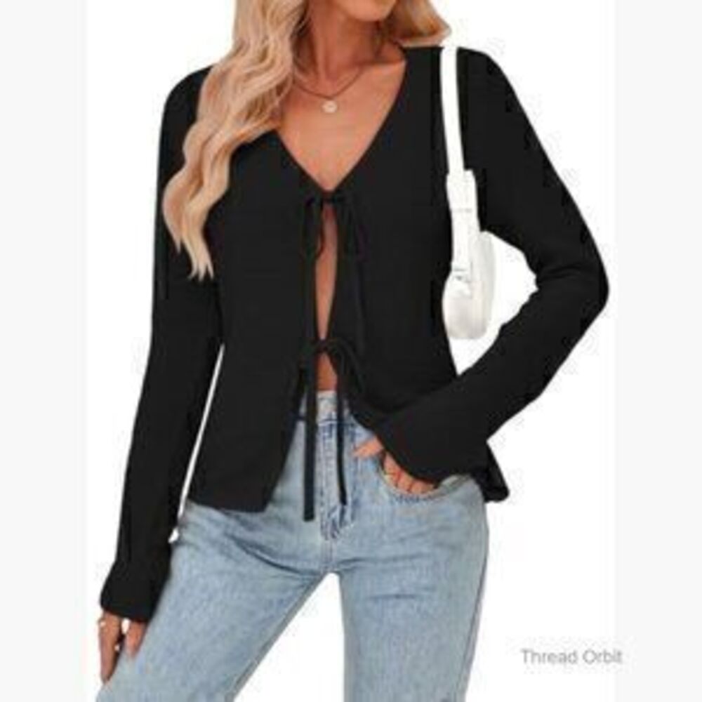 Large Crochet Cardigan Sweater, Tie Front, Acrylic Cotton Blend, Casual Outfit - Picture 2 of 3